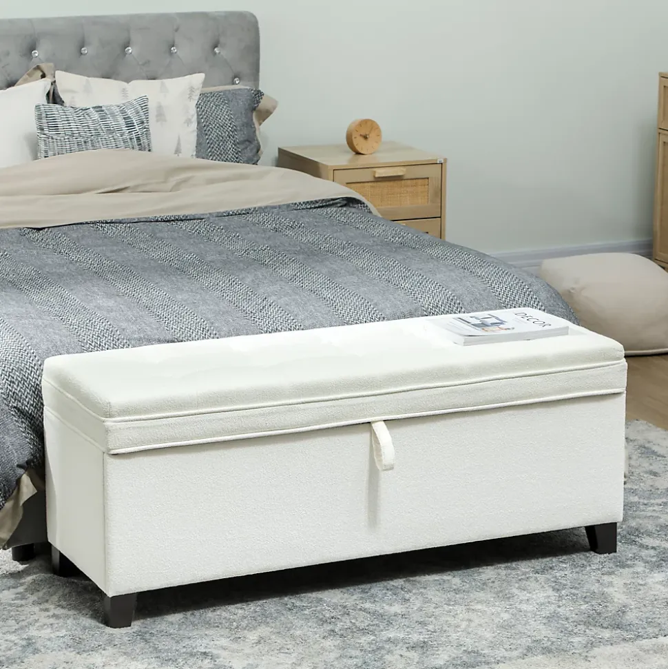 Banquette bout de lit coffre design Chesterfield dim. 120 x 40 x 48 cm tissu écru