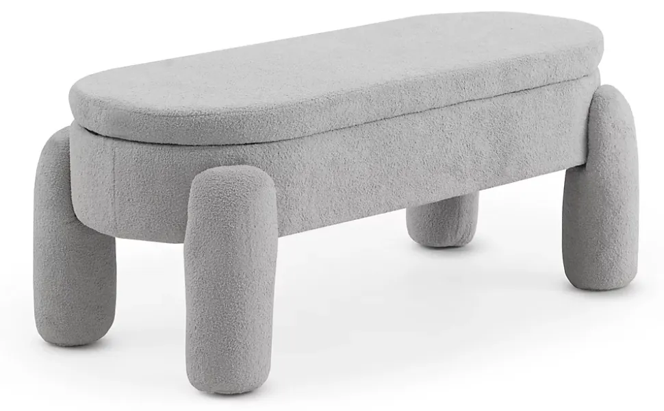 Banquette coffre avec structure et pieds tapissés en boucle gris clair