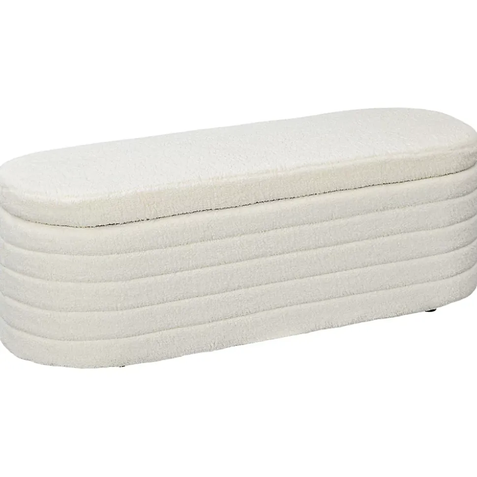 Banquette coffre de rangement 2 en 1 - bout de lit - effet laine bouclé crème