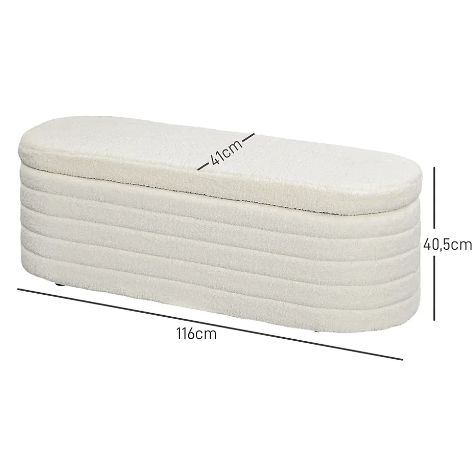 Banquette coffre de rangement 2 en 1 - bout de lit - effet laine bouclé crème