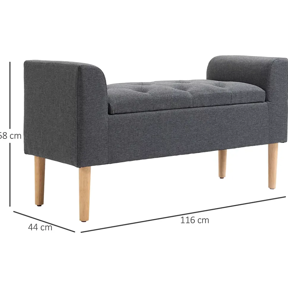 Banquette coffre de rangement 2 en 1 design Chesterfield capitonnée accoudoirs courbés pieds effilés bois d'hévéa aspect lin gris