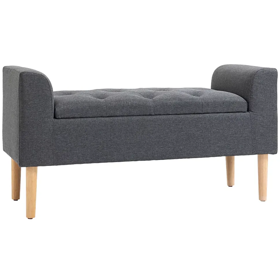 Banquette coffre de rangement 2 en 1 design Chesterfield capitonnée accoudoirs courbés pieds effilés bois d'hévéa aspect lin gris