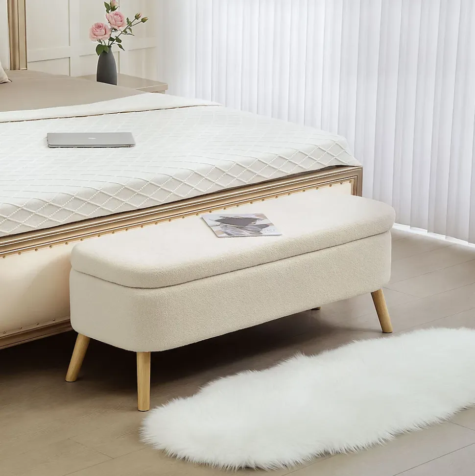 Banquette coffre de rangement style nordique bouclette piètement bois beige clair