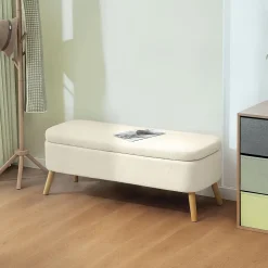 Banquette coffre de rangement style nordique bouclette piètement bois beige clair