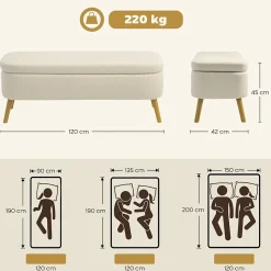 Banquette coffre de rangement style nordique bouclette piètement bois beige clair