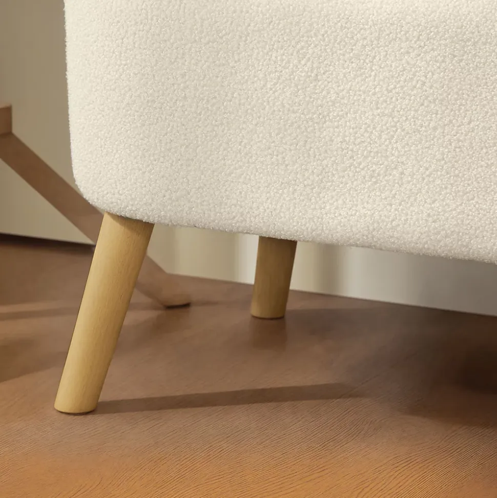 Banquette coffre de rangement style nordique bouclette piètement bois beige clair