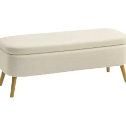 Banquette coffre de rangement style nordique bouclette piètement bois beige clair