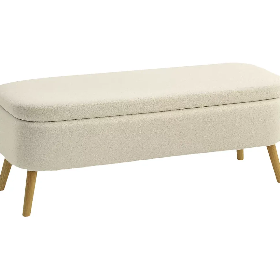 Banquette coffre de rangement style nordique bouclette piètement bois beige clair