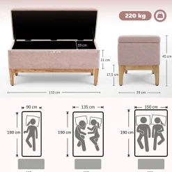 Banquette coffre de rangement 2 en 1 style scandinave dim. 110L x 39l x 45H cm tissu rose