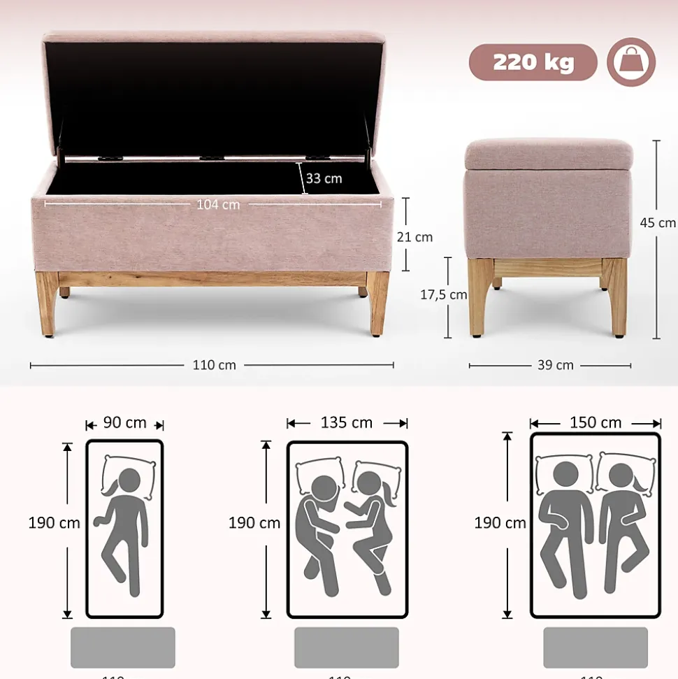 Banquette coffre de rangement 2 en 1 style scandinave dim. 110L x 39l x 45H cm tissu rose