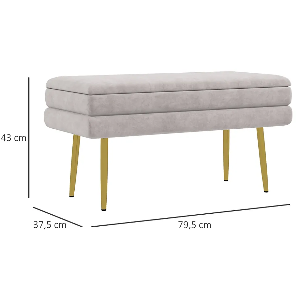 Banquette coffre de rangement 2 en 1 piètement effilé incliné acier doré velours taupe