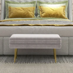 Banquette coffre de rangement 2 en 1 piètement effilé incliné acier doré velours taupe