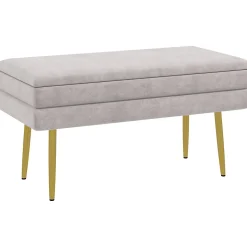Banquette coffre de rangement 2 en 1 piètement effilé incliné acier doré velours taupe
