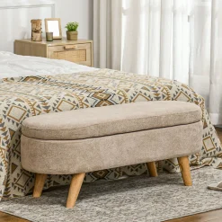 Banquette coffre de rangement 2 en 1 design scandinave dim. 110L x 40l x 43H cm cm piètement bois velours beige