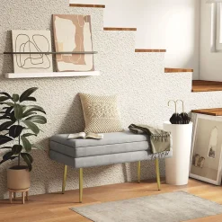 Banquette coffre de rangement 2 en 1 piètement effilé incliné acier doré velours gris clair