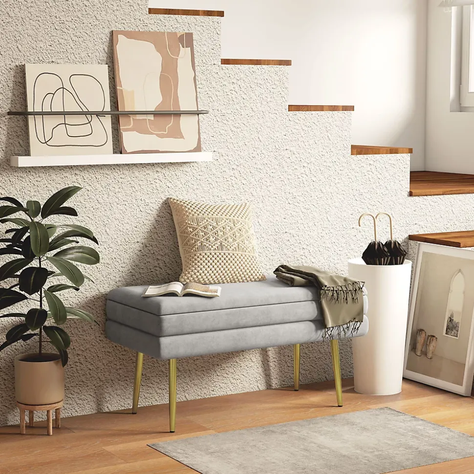 Banquette coffre de rangement 2 en 1 piètement effilé incliné acier doré velours gris clair