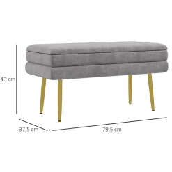 Banquette coffre de rangement 2 en 1 piètement effilé incliné acier doré velours gris clair