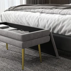 Banquette coffre de rangement 2 en 1 piètement effilé incliné acier doré velours gris clair