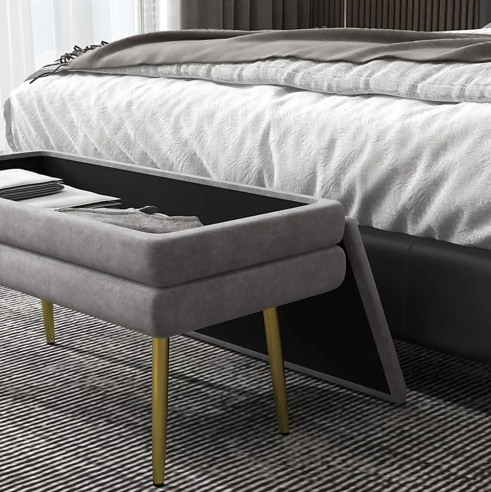 Banquette coffre de rangement 2 en 1 piètement effilé incliné acier doré velours gris clair