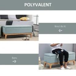 Banquette coffre de rangement 2 en 1 style scandinave dim. 110L x 39l x 45H cm tissu vert d'eau
