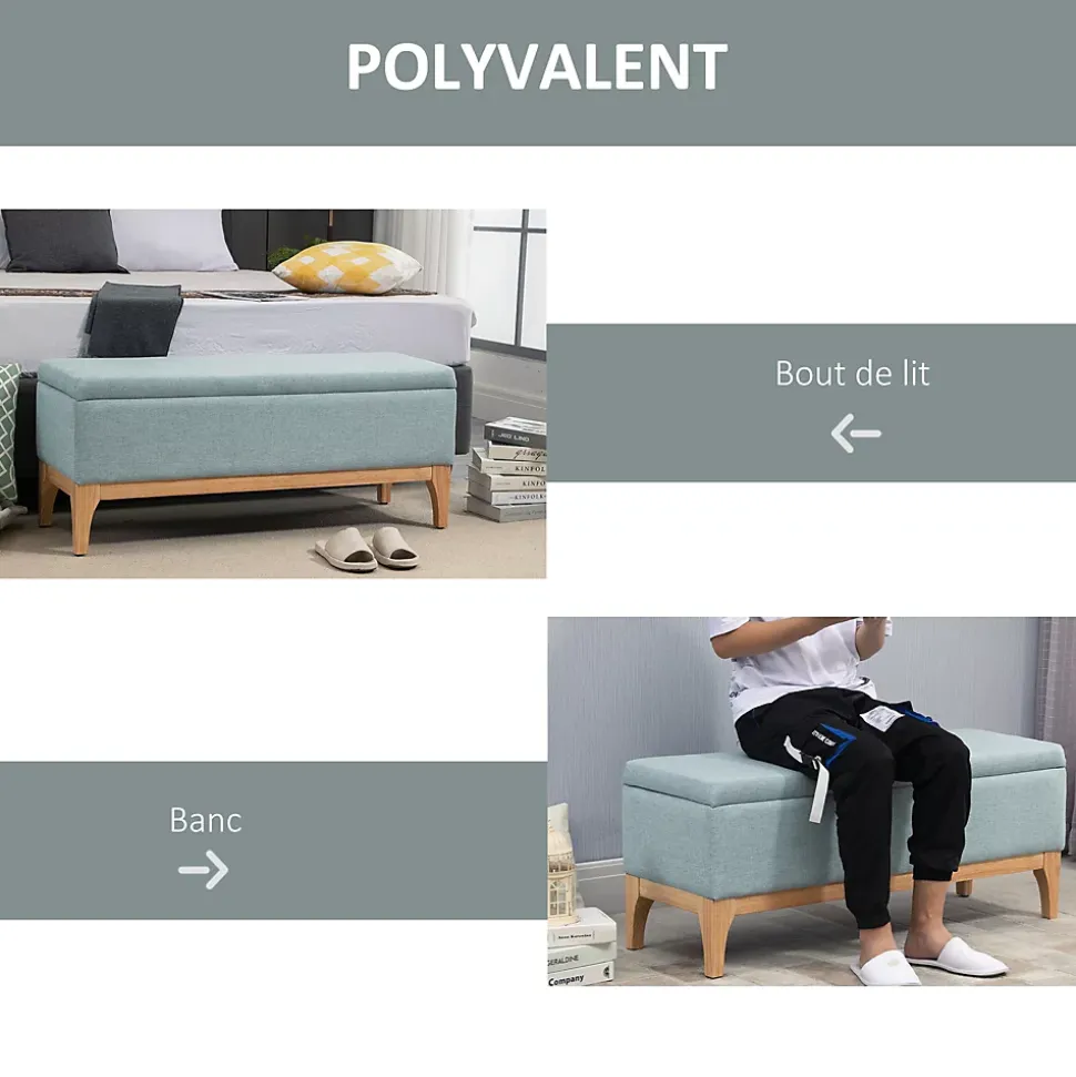 Banquette coffre de rangement 2 en 1 style scandinave dim. 110L x 39l x 45H cm tissu vert d'eau