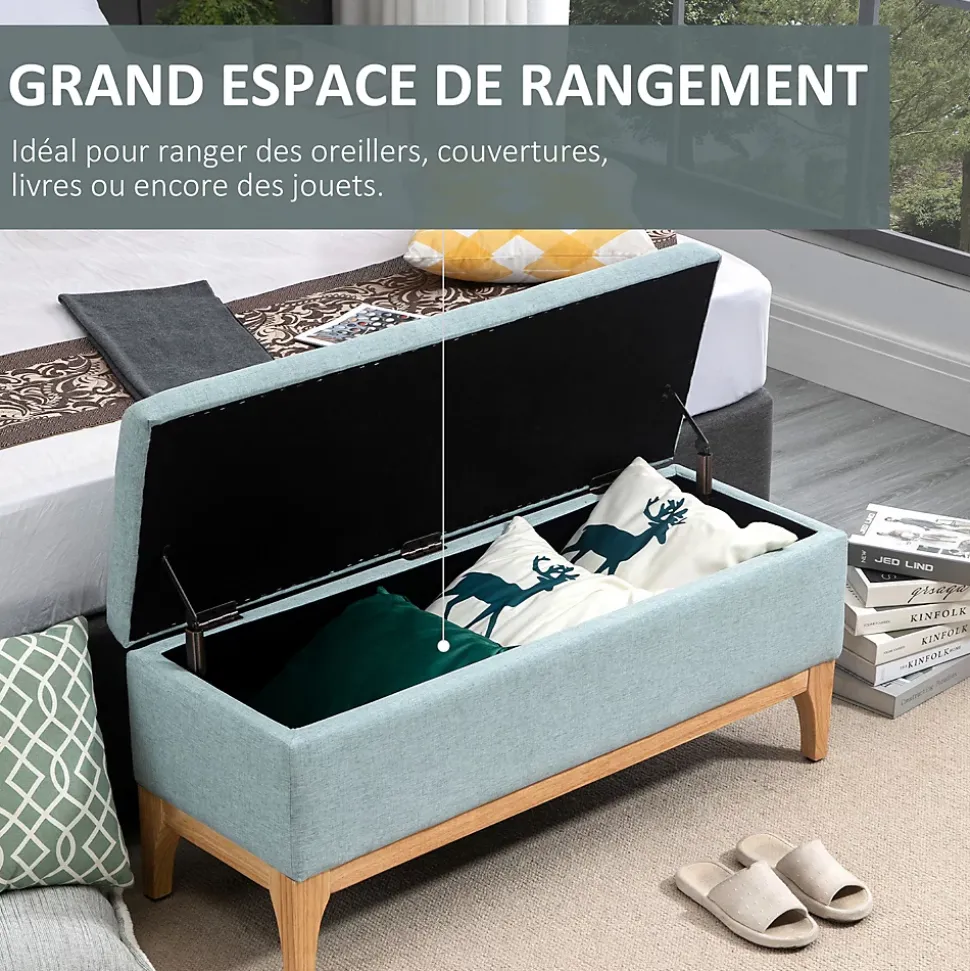 Banquette coffre de rangement 2 en 1 style scandinave dim. 110L x 39l x 45H cm tissu vert d'eau