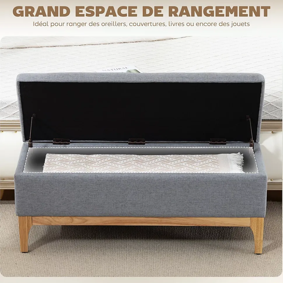 Banquette coffre de rangement 2 en 1 style scandinave dim. 110L x 39l x 45H cm tissu gris