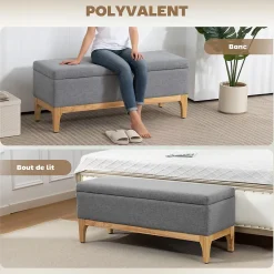Banquette coffre de rangement 2 en 1 style scandinave dim. 110L x 39l x 45H cm tissu gris