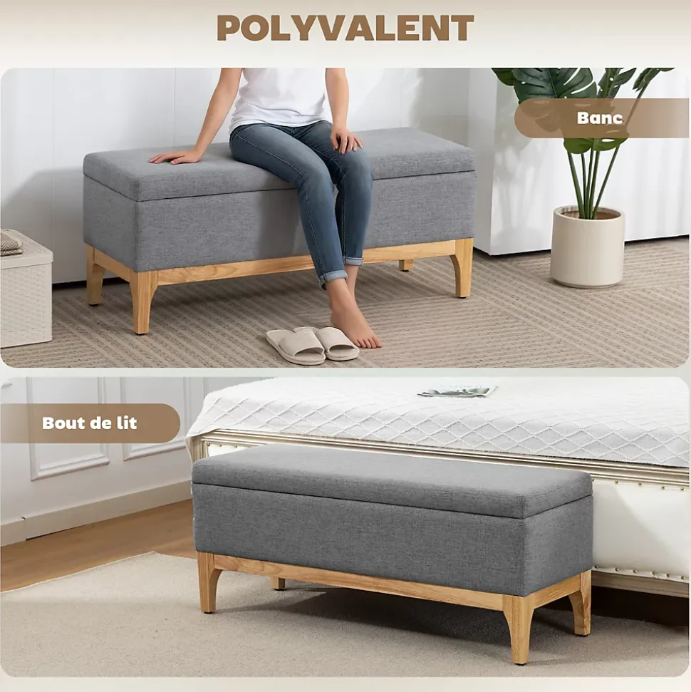Banquette coffre de rangement 2 en 1 style scandinave dim. 110L x 39l x 45H cm tissu gris