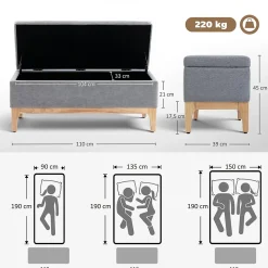Banquette coffre de rangement 2 en 1 style scandinave dim. 110L x 39l x 45H cm tissu gris