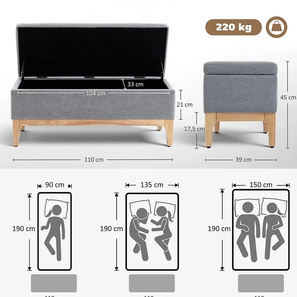 Banquette coffre de rangement 2 en 1 style scandinave dim. 110L x 39l x 45H cm tissu gris