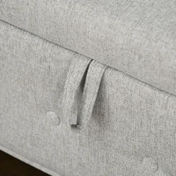 Banquette coffre de rangement 2 en 1 design Chesterfield accoudoirs courbés capitonnés piètement bois noir aspect lin gris