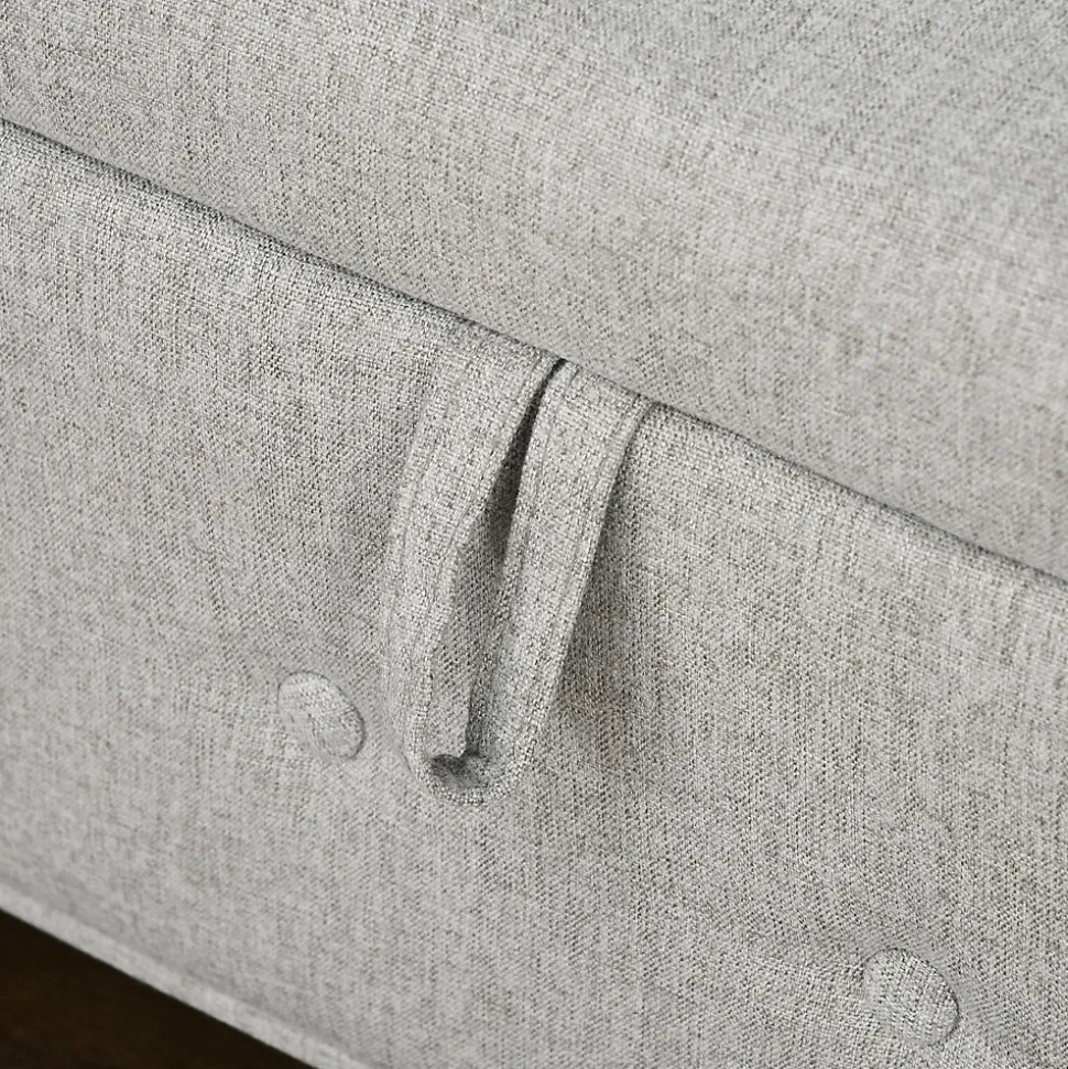 Banquette coffre de rangement 2 en 1 design Chesterfield accoudoirs courbés capitonnés piètement bois noir aspect lin gris