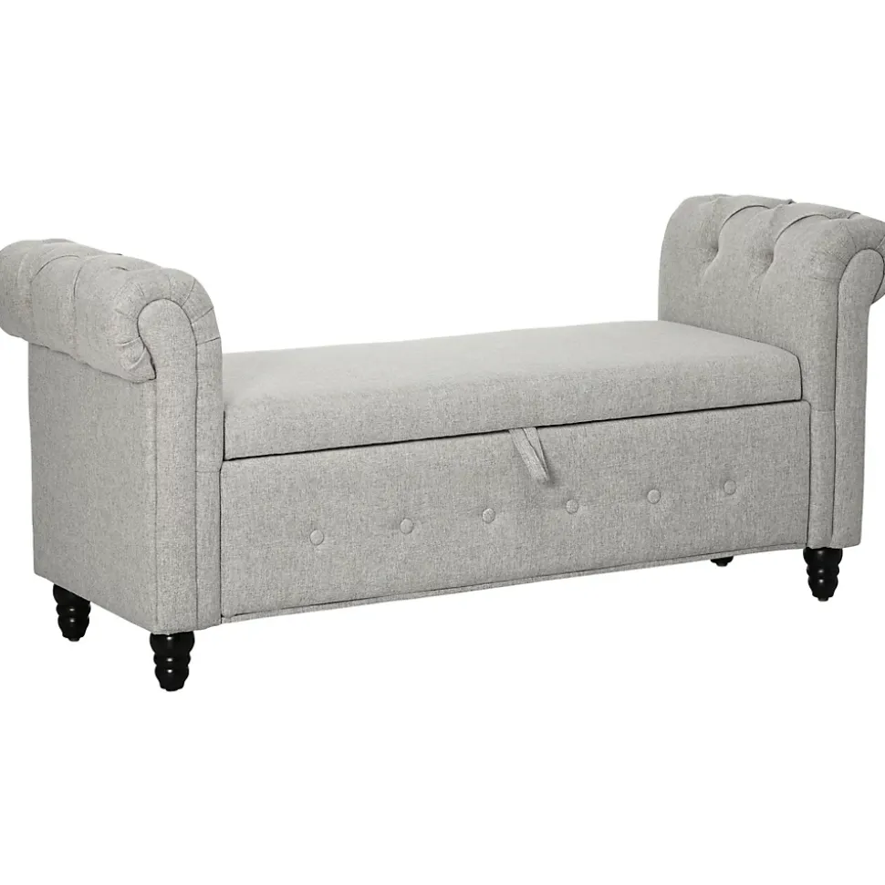 Banquette coffre de rangement 2 en 1 design Chesterfield accoudoirs courbés capitonnés piètement bois noir aspect lin gris
