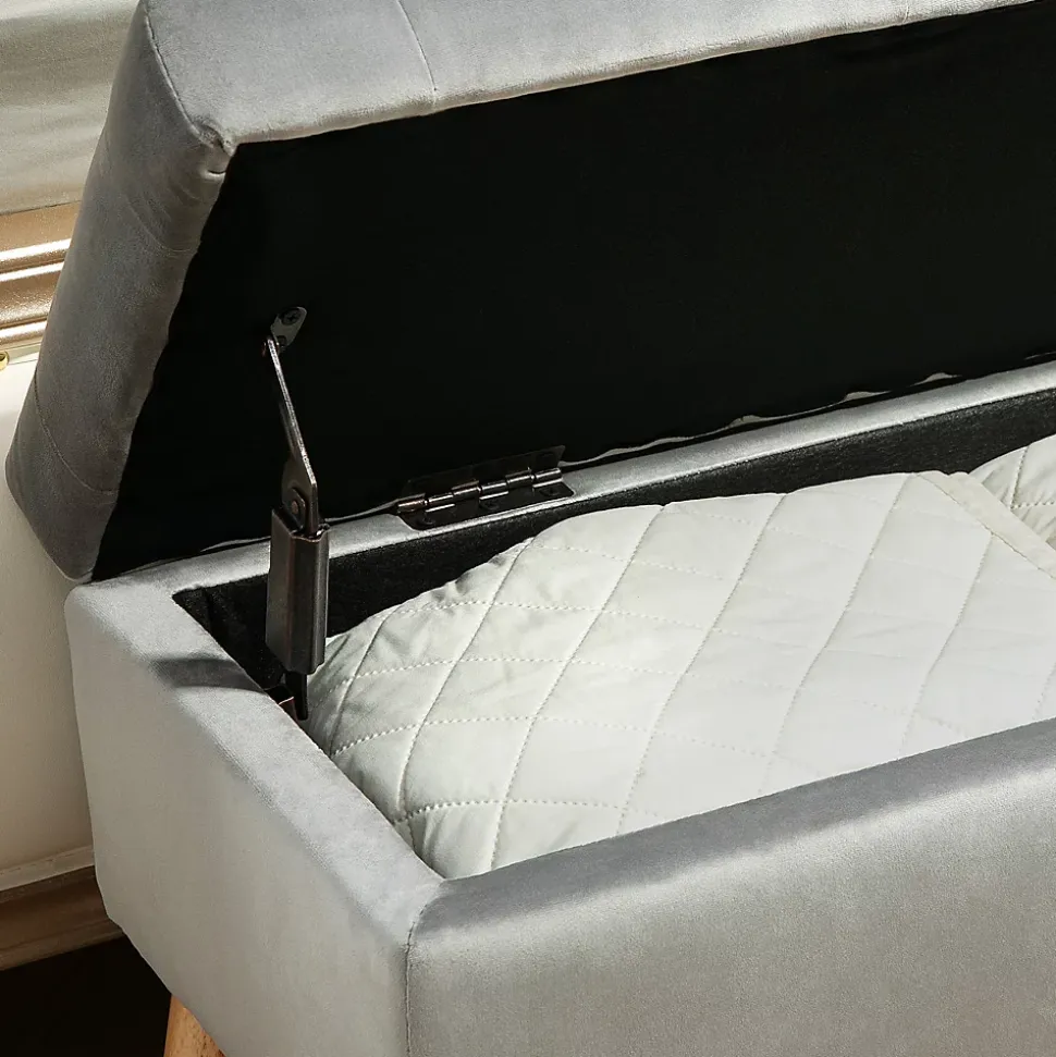 Banquette coffre design scandinave piètement effilé bois assise effet capitonné velours gris