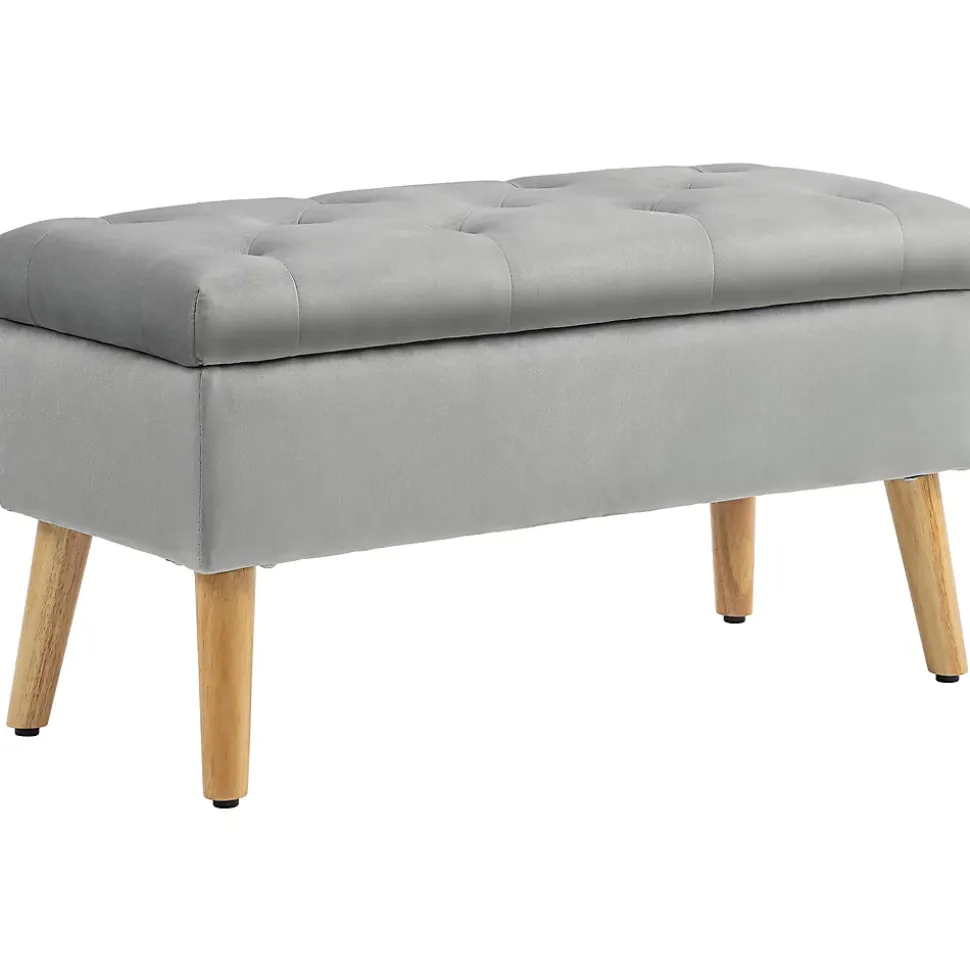 Banquette coffre design scandinave piètement effilé bois assise effet capitonné velours gris