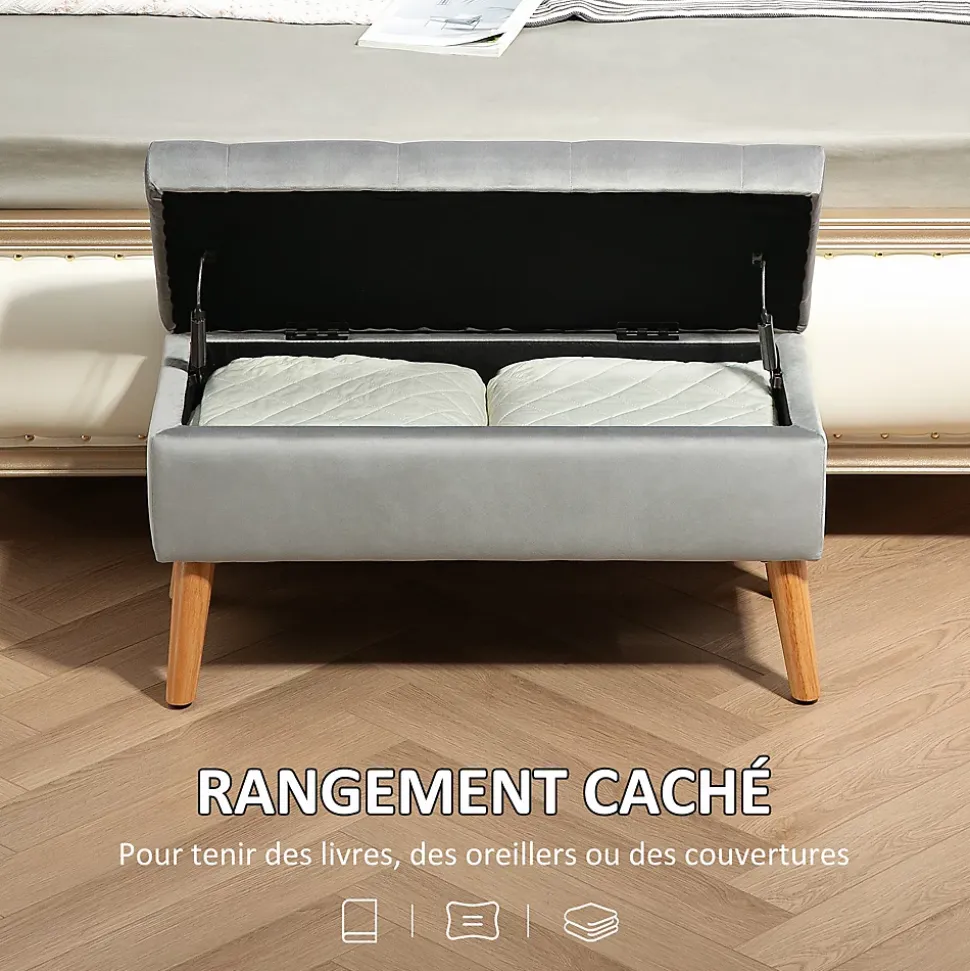 Banquette coffre design scandinave piètement effilé bois assise effet capitonné velours gris