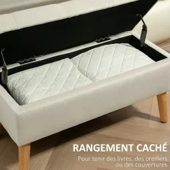 Banquette coffre design scandinave piètement effilé bois assise effet capitonné velours crème