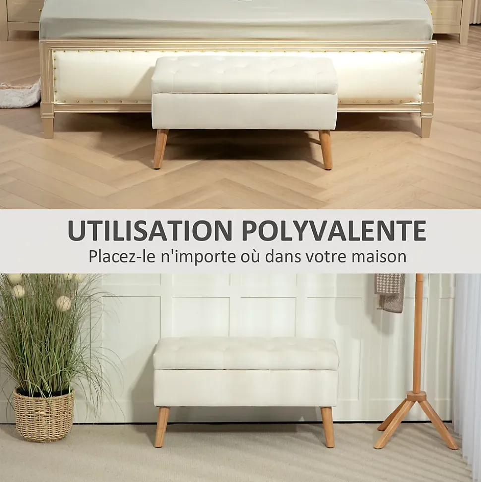 Banquette coffre design scandinave piètement effilé bois assise effet capitonné velours crème