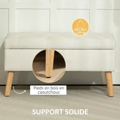 Banquette coffre design scandinave piètement effilé bois assise effet capitonné velours crème