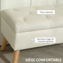 Banquette coffre design scandinave piètement effilé bois assise effet capitonné velours crème