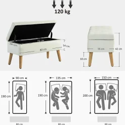 Banquette coffre design scandinave piètement effilé bois assise effet capitonné velours crème