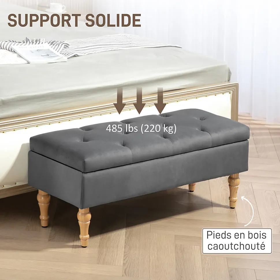 Banquette coffre style baroque - piètement bois assise effet capitonné velours gris