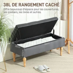 Banquette coffre style baroque - piètement bois assise effet capitonné velours gris