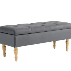 Banquette coffre style baroque - piètement bois assise effet capitonné velours gris