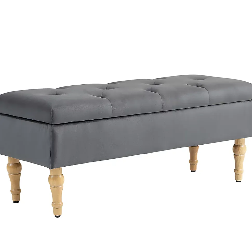 Banquette coffre style baroque - piètement bois assise effet capitonné velours gris