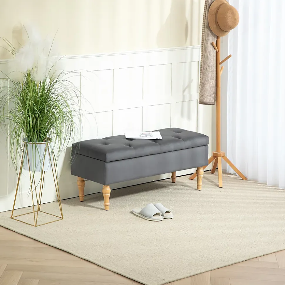 Banquette coffre style baroque - piètement bois assise effet capitonné velours gris