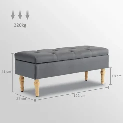 Banquette coffre style baroque - piètement bois assise effet capitonné velours gris