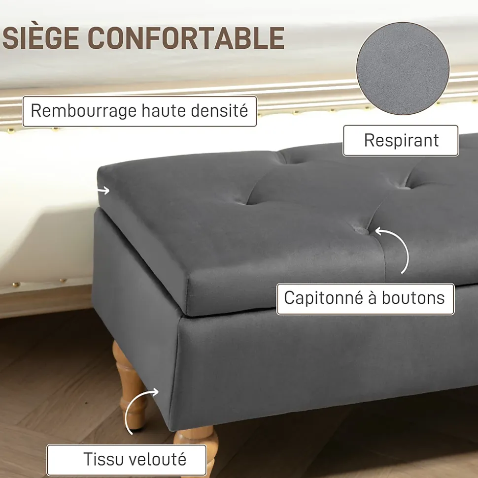 Banquette coffre style baroque - piètement bois assise effet capitonné velours gris