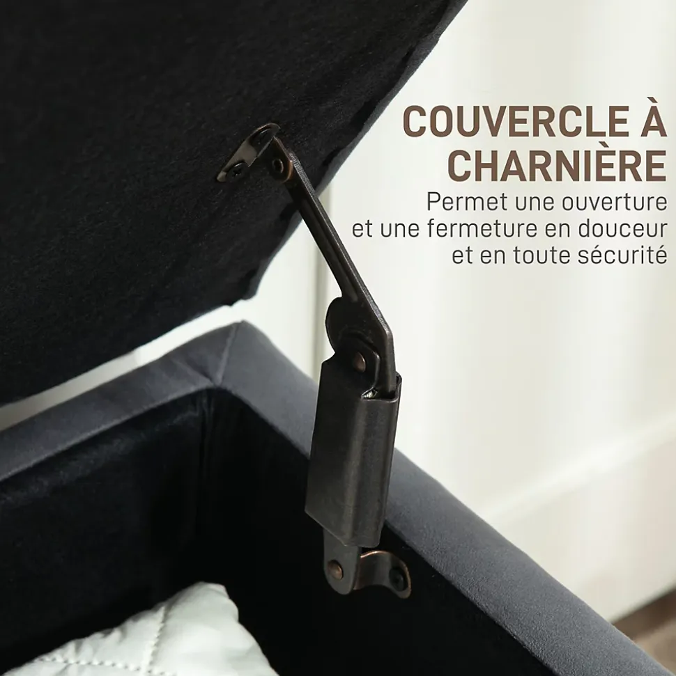 Banquette coffre style baroque - piètement bois assise effet capitonné velours gris